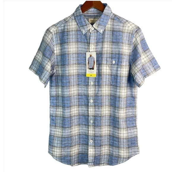 WEATHERPROOF NWT Mens Linen Blue Plaid Short Sleeve Button Down Shirt Preppy S - Picture 2 of 14